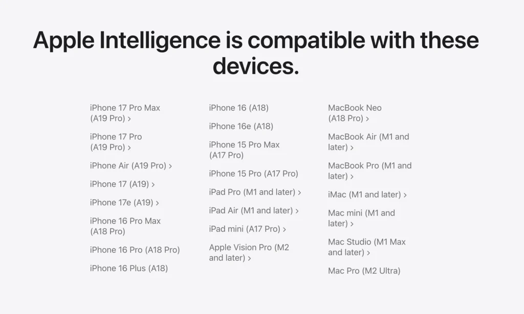 Apple Intelligence Compatible devices