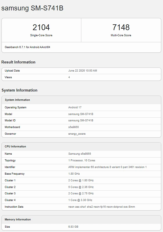 Samsung Galaxy S26 FE Geekbench