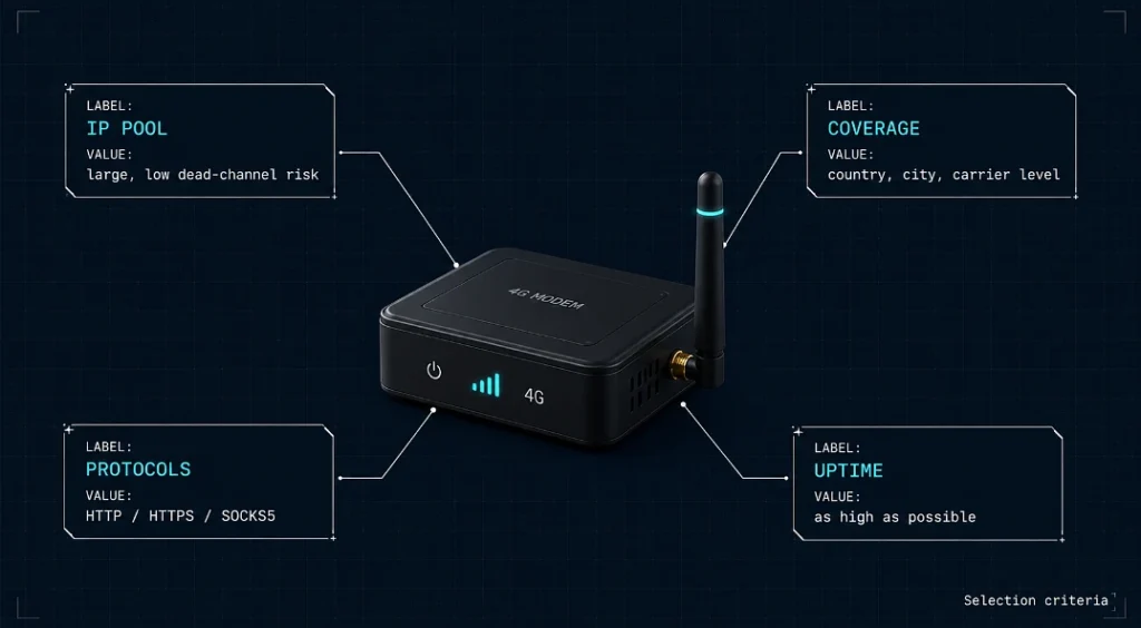 Dark technical poster of a 4G modem surrounded by four spec blocks listing proxy selection criteria