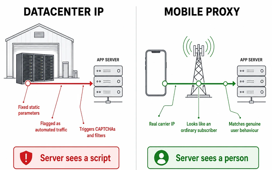 Diagram comparing datacenter IP traffic flagged as automated against mobile proxy traffic seen as a real subscriber