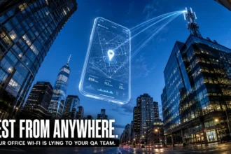 Fisheye city street at dusk with a giant smartphone showing a map pin connected to a rooftop cell tower