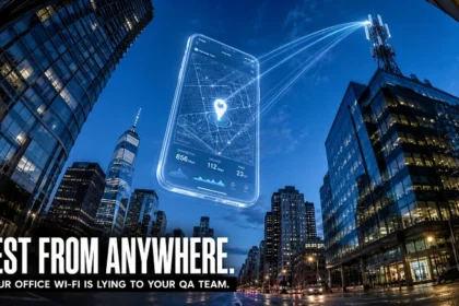 Fisheye city street at dusk with a giant smartphone showing a map pin connected to a rooftop cell tower
