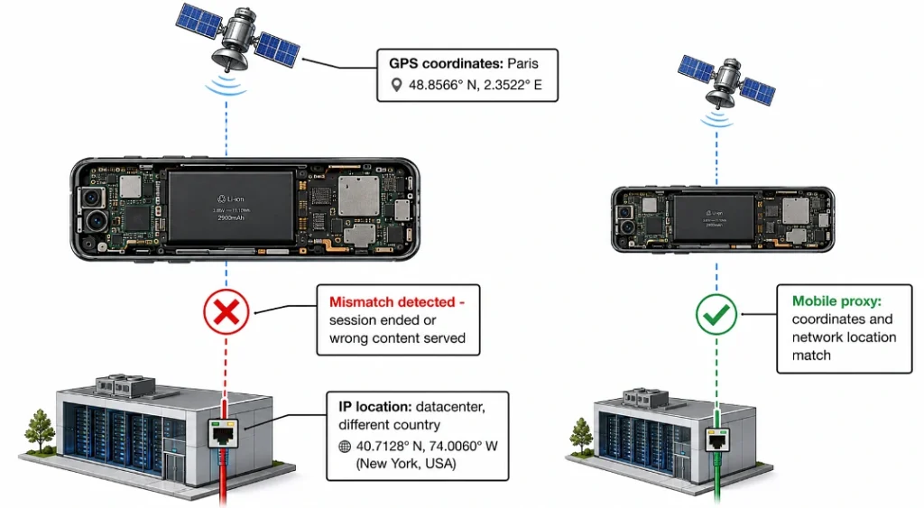 Illustration of a phone whose GPS says Paris but whose IP points elsewhere, triggering a mismatch warning