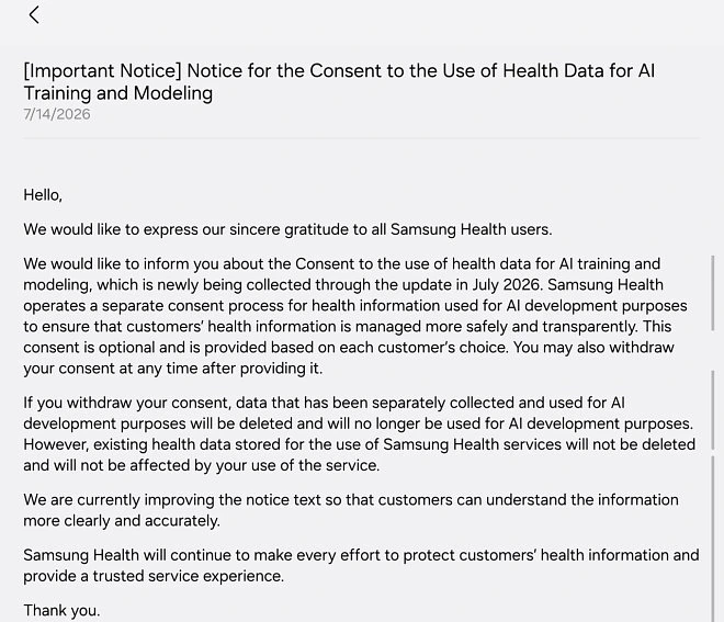 Samsung Health Data AI Training Consent Clarification