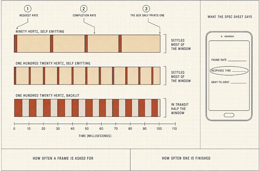 A lower refresh rate with settled pixels can read cleaner than a higher one spending half of every window mid-transition