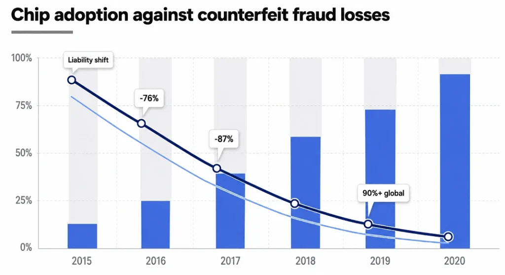 Chip penetration climbed as counterfeit losses fell. This is the chart the industry publishes, and every number in it is real
