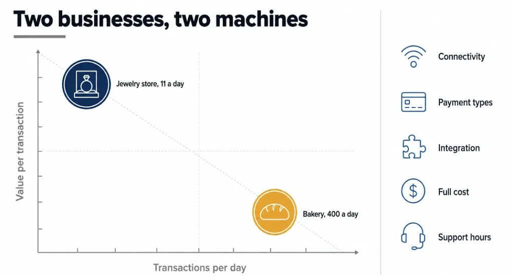 Eleven high-value transactions and four hundred low-value ones are not the same buying problem. The five questions on the right resolve differently for each