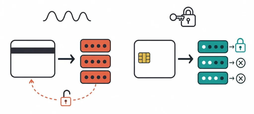 One sends the same value every time, so capturing it once is enough. The other spends a fresh value per transaction and leaves nothing worth stealing
