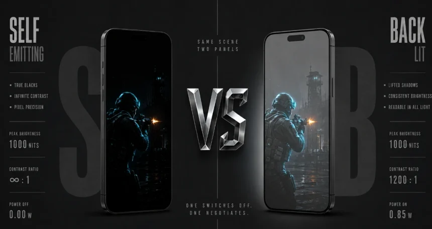 Same frame, same brightness setting. The difference is whether the panel can turn a pixel off or only ask it to block light