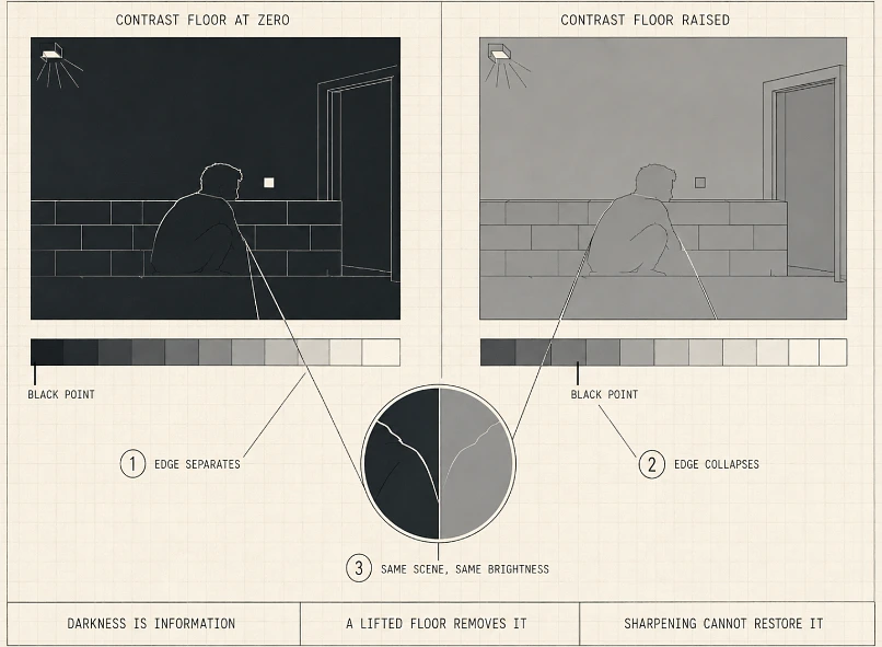 The scene is identical in both. Raise the black floor and the edge that would have exposed the player is squeezed out of the image
