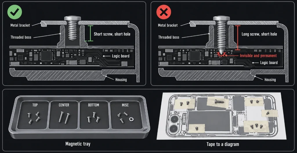 Cutaway comparison showing a correct short screw and a long screw pressing into the logic board