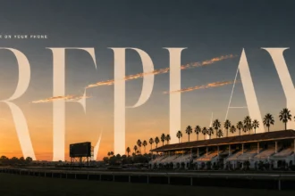 Empty racetrack at dusk under editorial cover typography reading replay