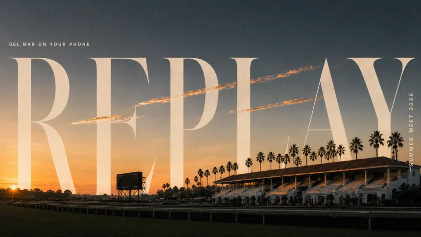 Empty racetrack at dusk under editorial cover typography reading replay