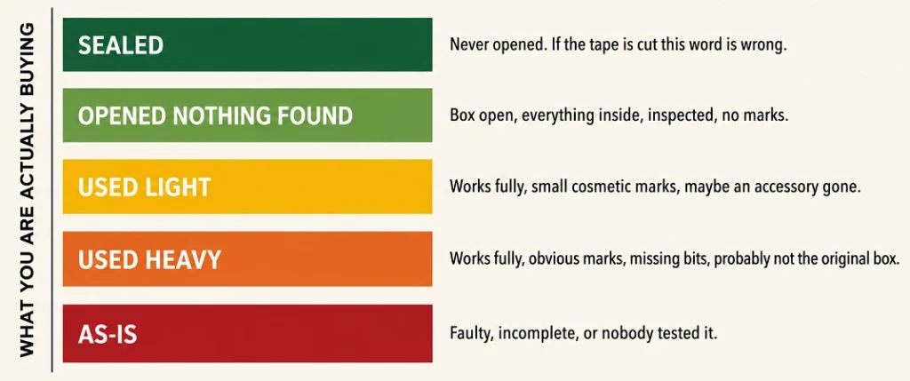 Five-step scale from sealed to as-is describing the real condition behind store grades