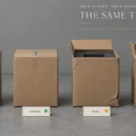 Four cardboard boxes in a row from factory sealed to heavily worn and reopened