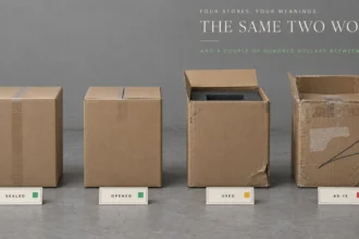 Four cardboard boxes in a row from factory sealed to heavily worn and reopened