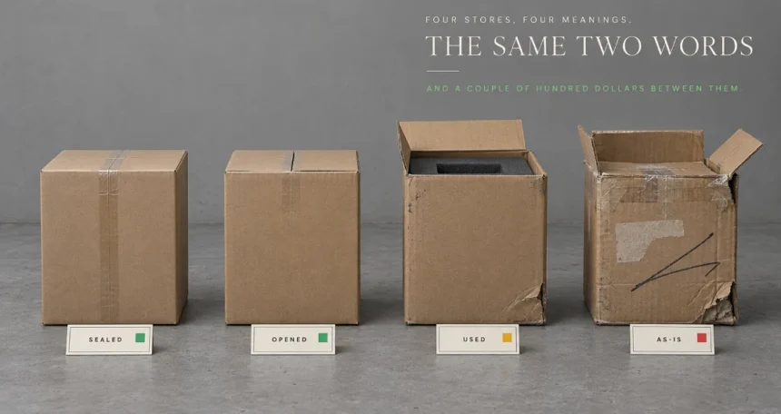 Four cardboard boxes in a row from factory sealed to heavily worn and reopened