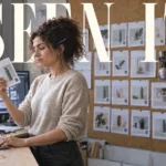 Magazine-style cover of a marketer holding up a printed social post in front of a wall of identical templated posts, headline reading Seen It