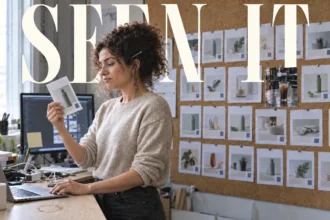 Magazine-style cover of a marketer holding up a printed social post in front of a wall of identical templated posts, headline reading Seen It