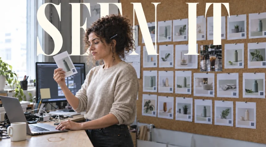 Magazine-style cover of a marketer holding up a printed social post in front of a wall of identical templated posts, headline reading Seen It