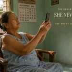 Older Filipina woman squinting at a phone held at arm's length in bright afternoon light