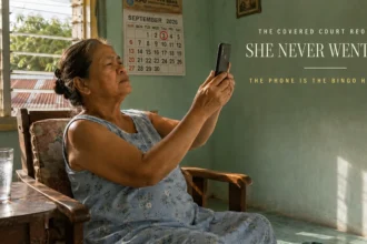 Older Filipina woman squinting at a phone held at arm's length in bright afternoon light