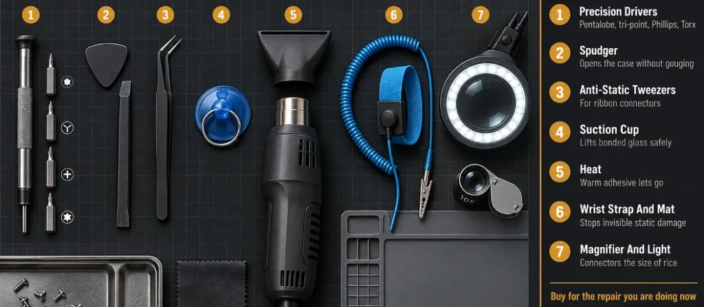 Top-down layout of phone repair tools numbered and defined in a key panel