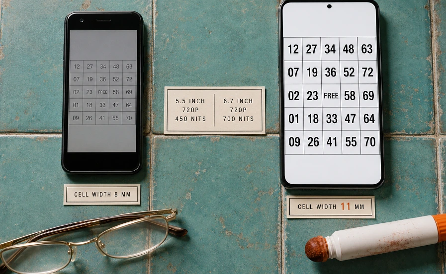 Two phones side by side showing the same bingo grid at different cell sizes