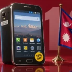 A 2013-era smartphone labelled Assembled in Kathmandu beside the flag of Nepal on a crimson backdrop