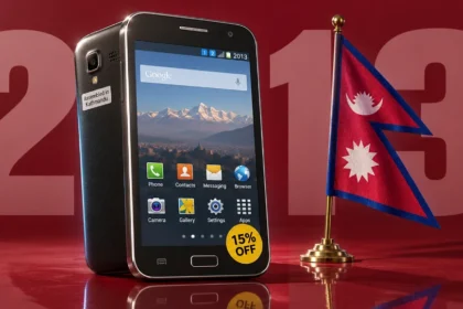 A 2013-era smartphone labelled Assembled in Kathmandu beside the flag of Nepal on a crimson backdrop