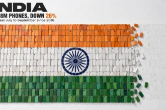 Indian flag built from smartphones with the right quarter missing, showing India’s 26% fall in phone shipments
