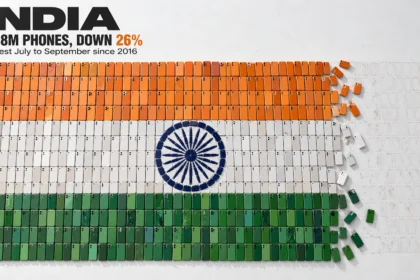 Indian flag built from smartphones with the right quarter missing, showing India’s 26% fall in phone shipments