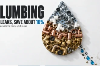 Plumbing parts laid out as a water drop with loose washers dripping from its tip