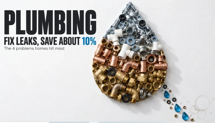 Plumbing parts laid out as a water drop with loose washers dripping from its tip