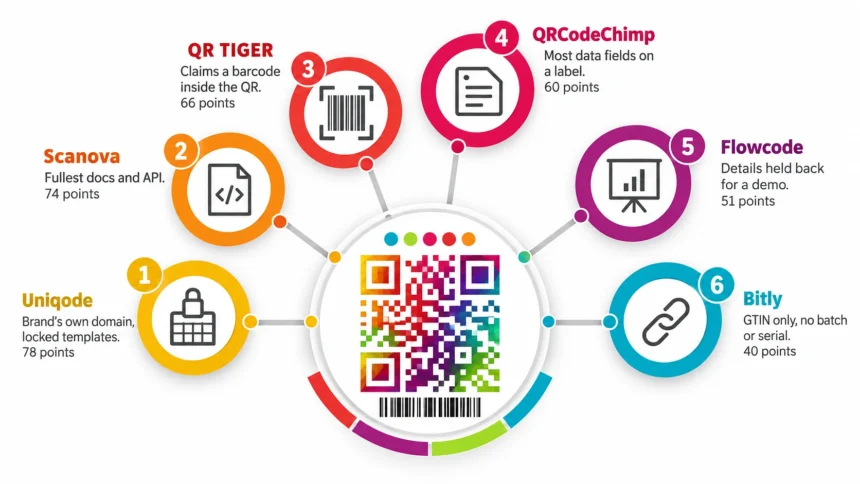 Radial infographic of six GS1 QR code platforms around a colourful QR code, ranked 1 to 6 with scores