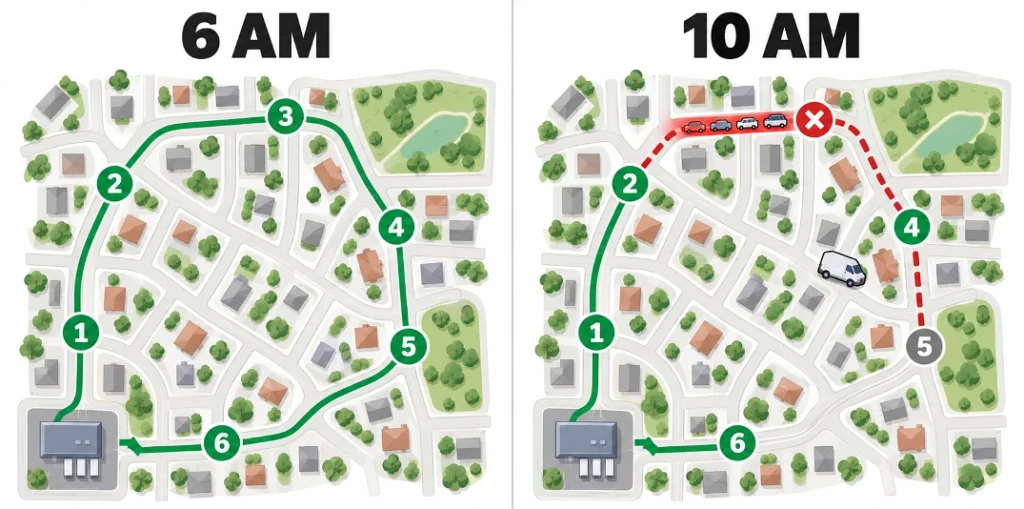 Same delivery route shown neat at 6 AM and broken by traffic and failed stops at 10 AM