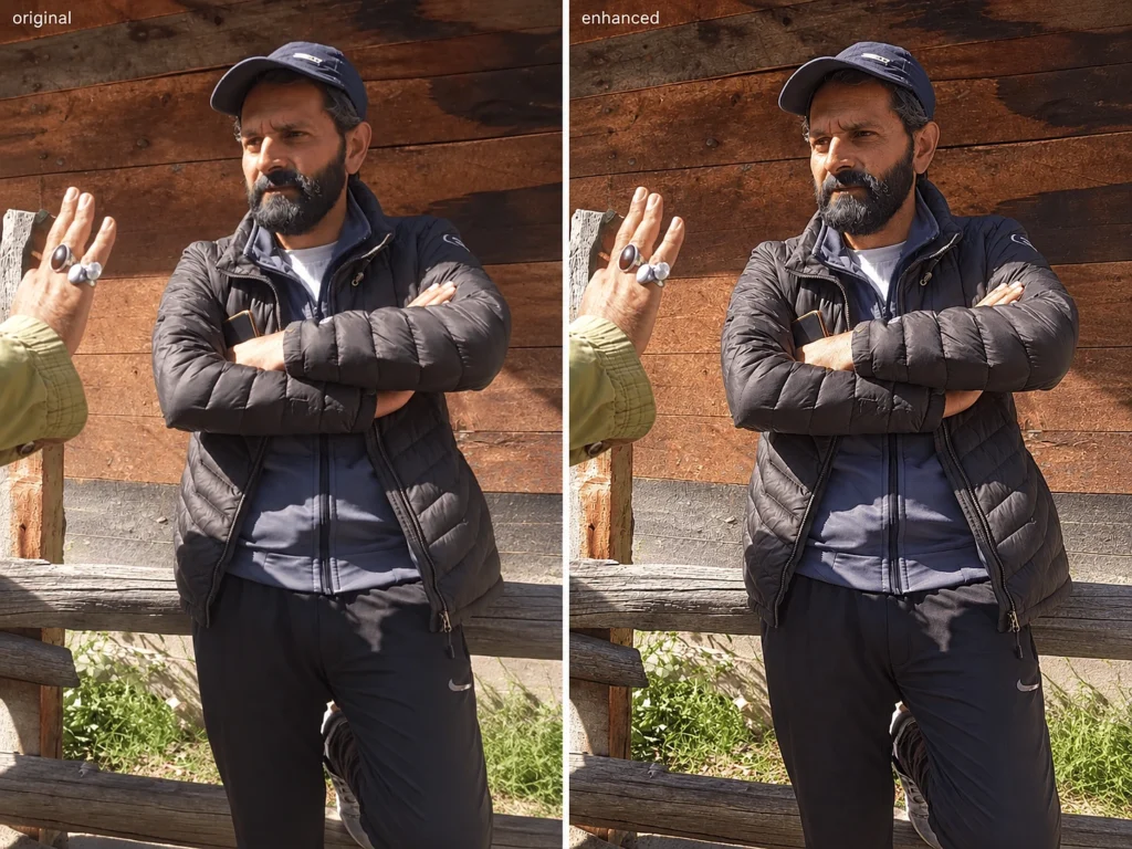 Side by side of a soft original phone photo and its AI enhanced version, same bearded man in a cap leaning on a wood fence