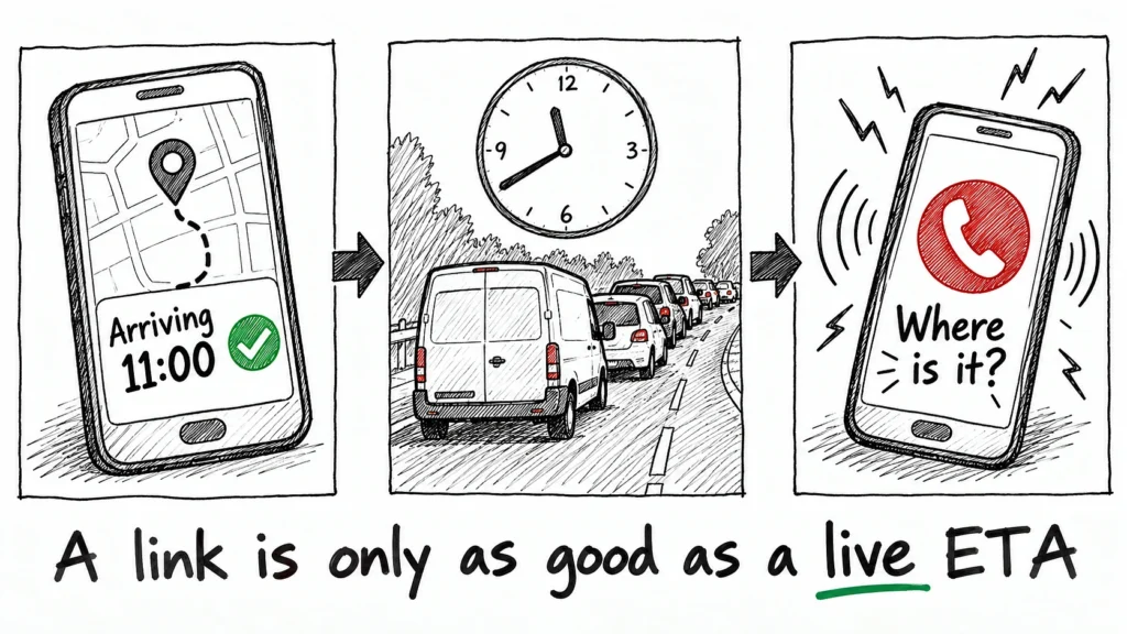Sketch of a tracking link showing 11:00 while the van is stuck in traffic, followed by a customer call