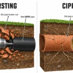 Soil cutaways comparing a bursting head pulling new HDPE pipe with a resin liner cured inside old clay pipe