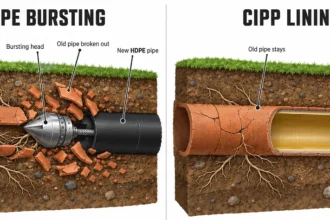 Soil cutaways comparing a bursting head pulling new HDPE pipe with a resin liner cured inside old clay pipe