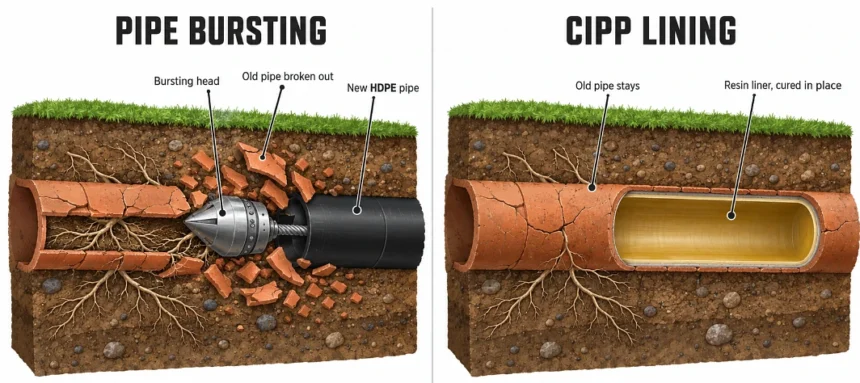 Soil cutaways comparing a bursting head pulling new HDPE pipe with a resin liner cured inside old clay pipe
